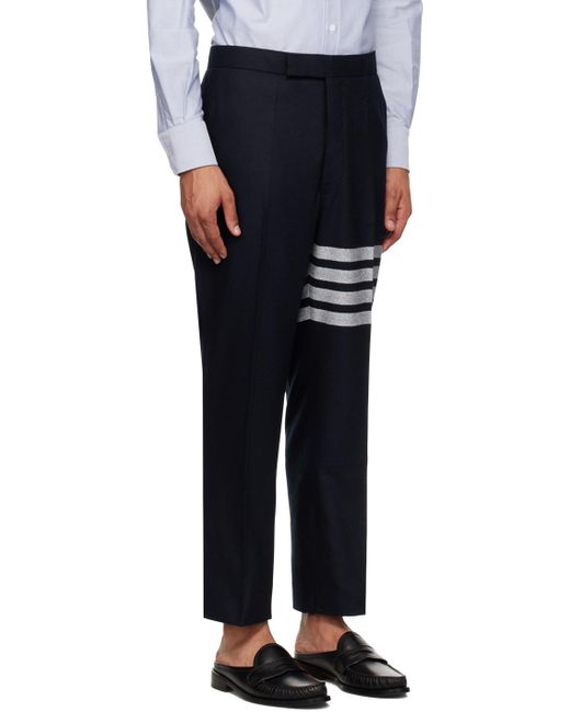 Thom Browne Blue 4-Bar Stripe Detailed Flannel Trousers for men