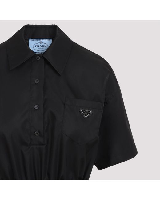 Prada Black Logo Plaque Drawstring Mini Dress