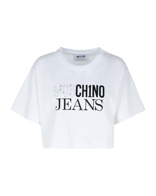 Moschino White Jeans Logo Printed Cropped Jersey T-Shirt