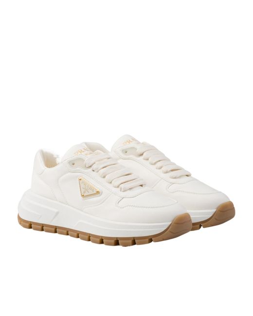 Prada White Triangle Logo Lace-Up Sneaker