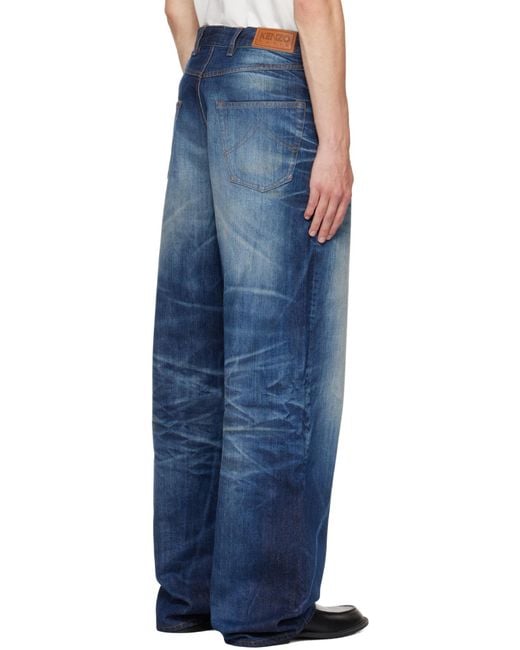 KENZO Blue Logo Patch Straight Leg Jeans for men