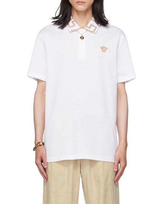 Versace White Greca Short-Sleeved Straight Hem Polo Shirt for men