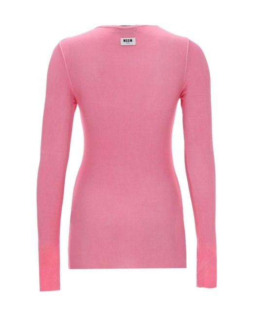 MSGM Pink Ribbed Long-Sleeve Knitted Top