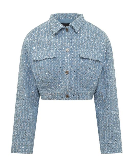 ROTATE BIRGER CHRISTENSEN Blue Embellished Cropped Denim Jacket