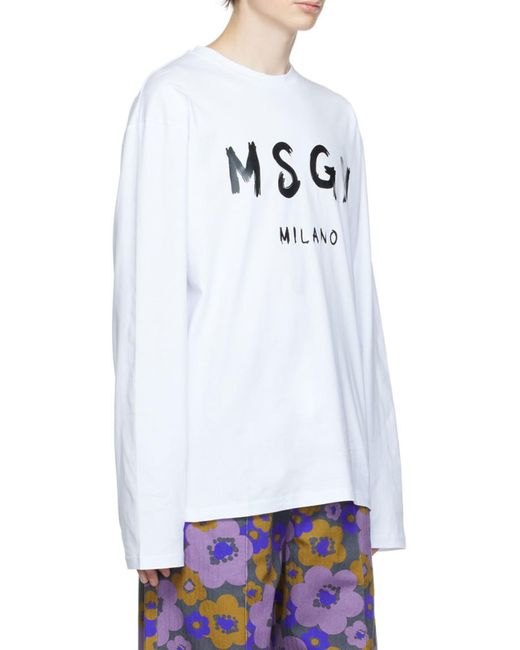 MSGM White Logo Printed Long-Sleeved T-Shirt for men