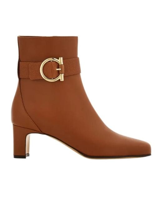 Ferragamo Brown Gancini Ornament Mid Heel Ankle Boot
