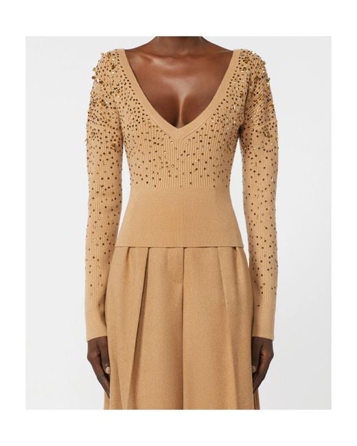 Max Mara Natural Gang Embellished V-Neck Sweater