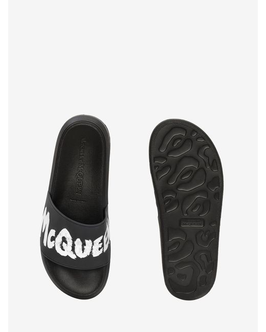 McQueen Black Grafitti Logo Printed Slip-On Slides for men