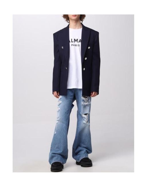 Balmain Blue Button-Detailed Wool Blazer for men
