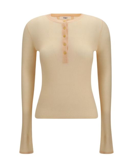 Chloé Natural Chloé Ribbed Henley Knitted Sweater