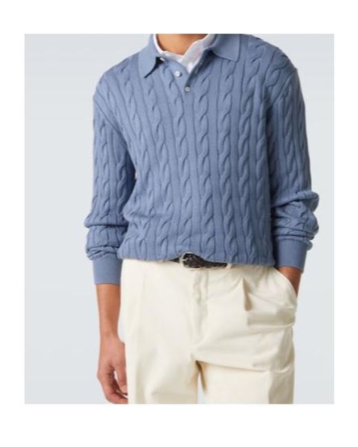 Ralph Lauren Blue Cable-Knit Cotton And Silk Polo Sweater for men