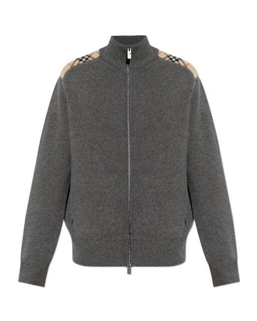 Burberry Gray Checked-Detail Zip-Up Cardigan for men