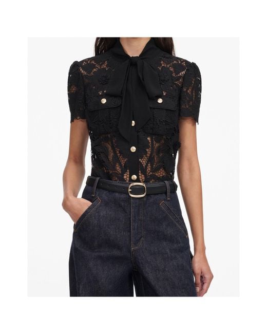 Self-Portrait Blue Lace Tie Neck Top