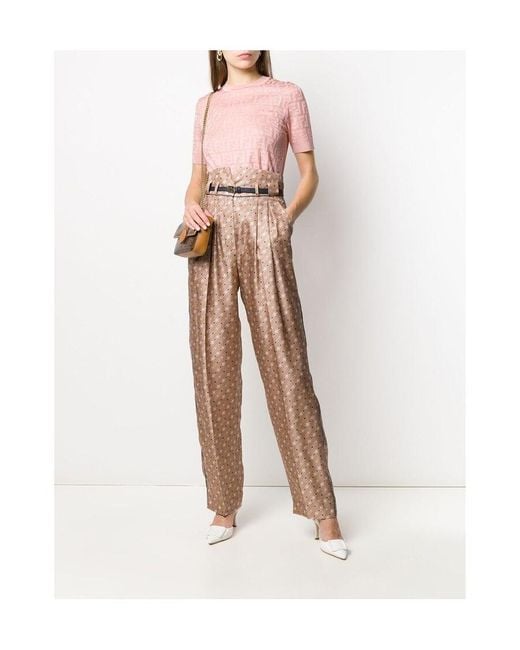 Fendi Natural High-Waisted Karligraphy Motif Printed Trousers