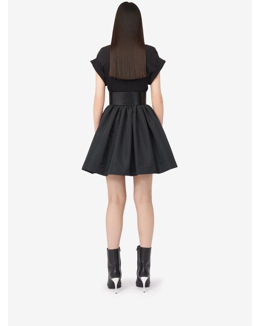 McQueen Black Seal-Logo Panelled Crewneck Mini Dress