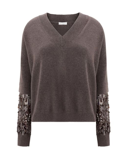Brunello Cucinelli Brown Sequin-Embellished Cashmere Sweater