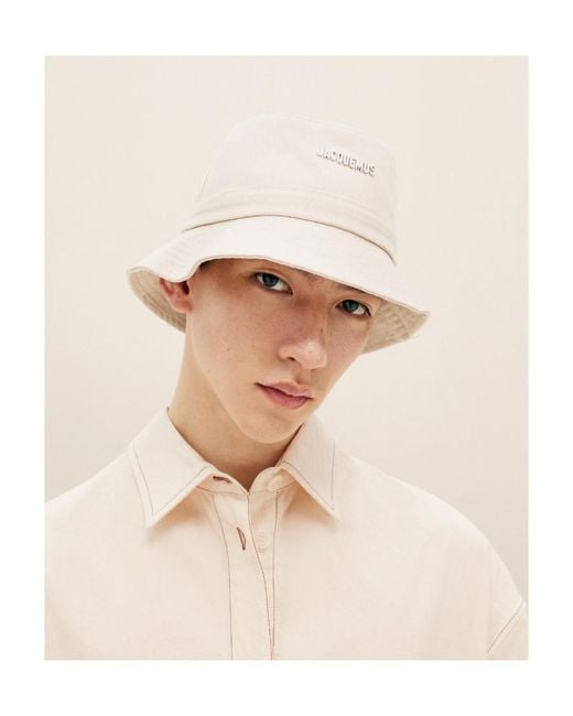 Jacquemus White Logo Plaque Drawstring Bucket Hat for men