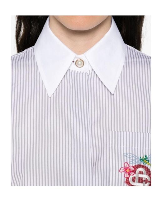 Casablanca White Cropped Long-Sleeved Striped Shirt With Floral Embroidery