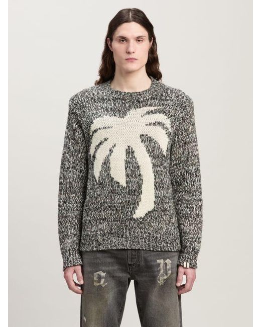 Palm Angels Gray Palm Intarsia Crewneck Knitted Jumper for men