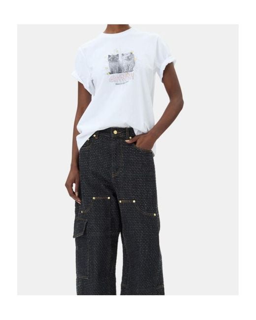 Ganni White Basic Jersey Kittens Relaxed T-Shirt