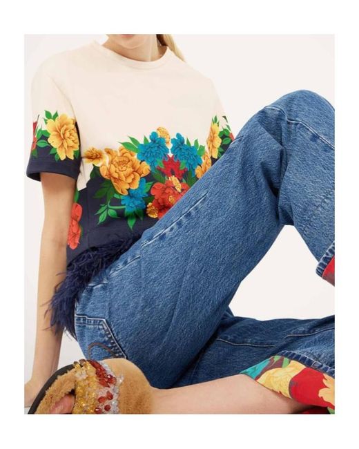 LaDoubleJ Blue Floral Cuff Embroidered Jeans