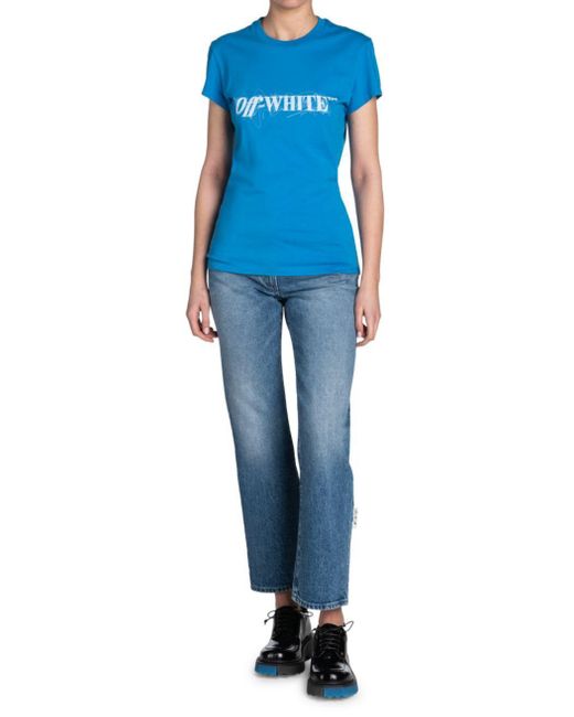 Off-White c/o Virgil Abloh Blue Crewneck Logo Detailed T-Shirt