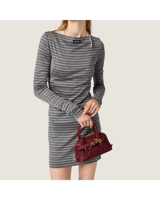 Miu Miu Gray Striped Jersey Mini-Dress