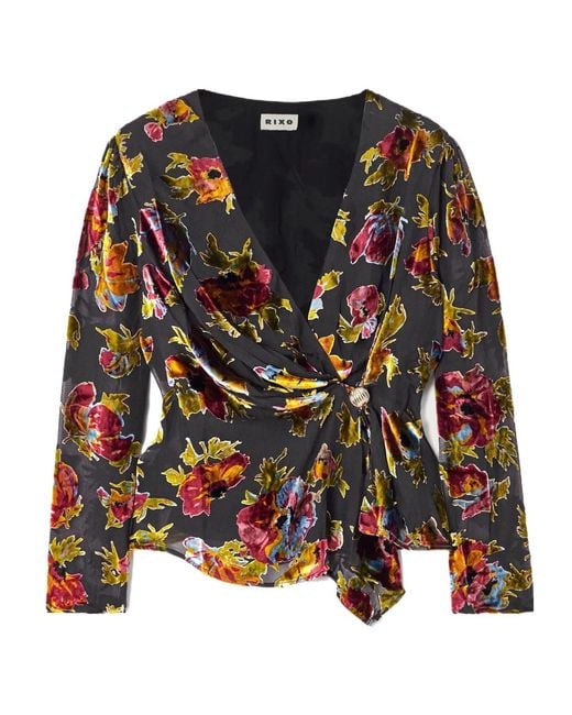 Rixo Multicolor Evelyn Embellished Floral-Print Devoré-Velvet Wrap Top
