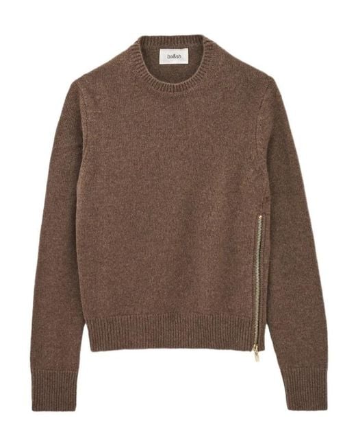 Ba&sh Brown Side Zip Crew Neck Knit Sweater