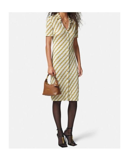 Versace Metallic Chain-Printed Button-Up Midi Dress