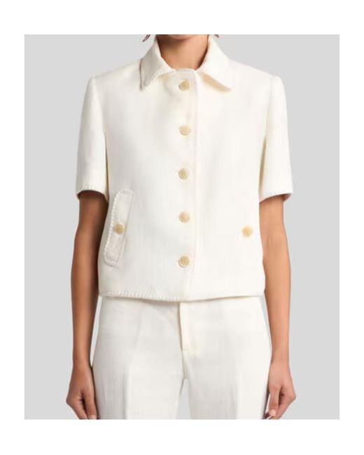 Etro White Short-Sleeved Cropped Linen Jacket With Pegaso Buttons