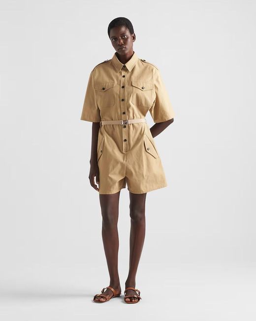 Prada Natural Short-Sleeved Belted Jumpsuit