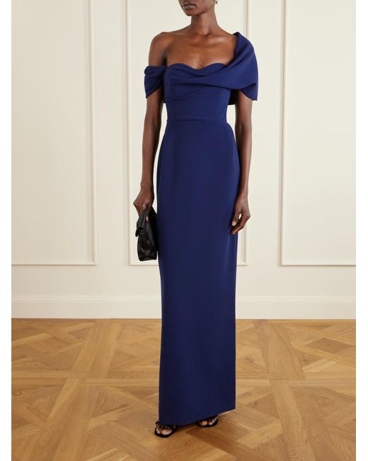 Carolina Herrera Blue Off-The-Shoulder Draped Crepe Dress