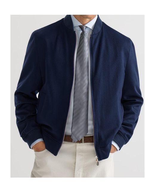 Brunello Cucinelli Blue Lightweight Cashmere Flannel Bomber Jacket for men