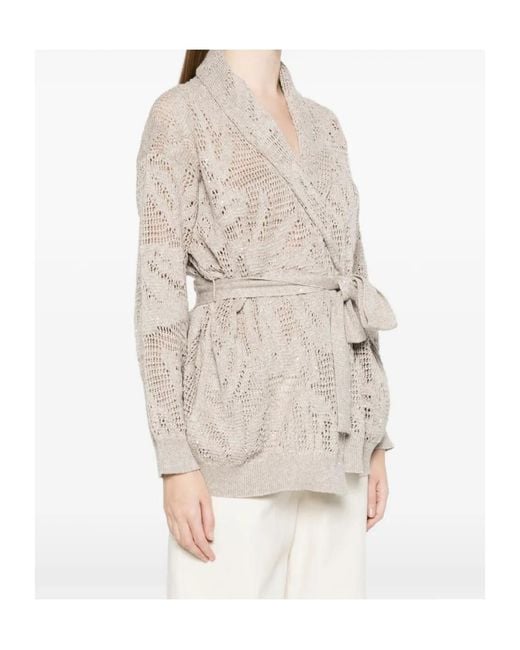 Brunello Cucinelli Natural Tie Waist Open Knit Cardigan