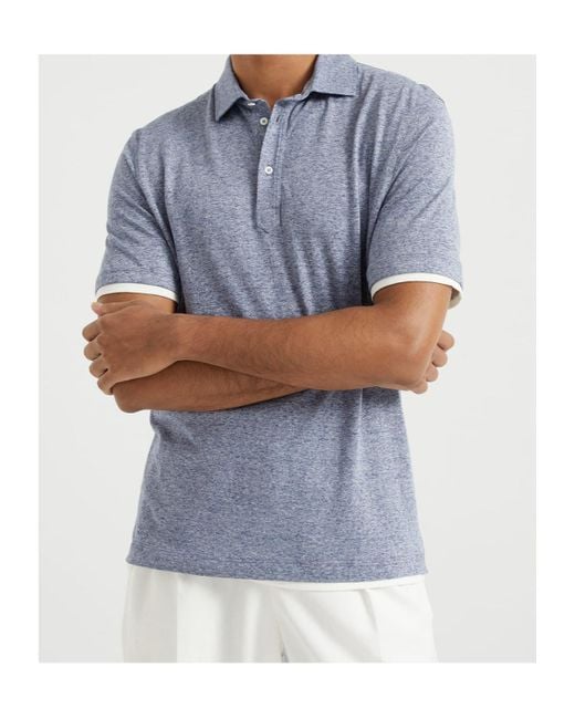 Brunello Cucinelli Blue Mélange-Effect Polo Shirt for men