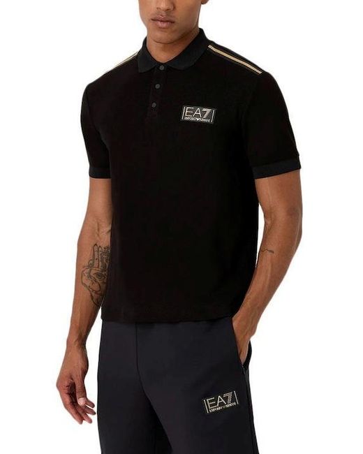 EA7 Black Logo-Patch Cotton Polo Shirt for men