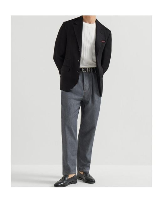 Brunello Cucinelli Black Silk, Linen And Wool Hopsack Deconstructed Blazer With Metal Buttons for men