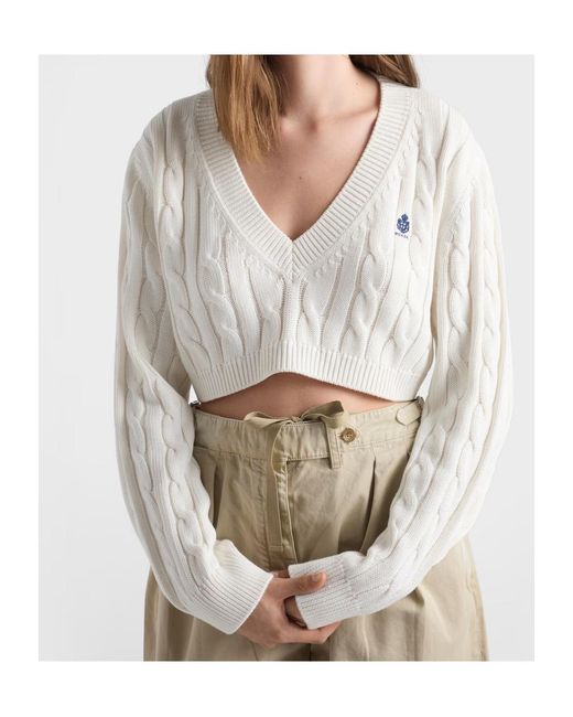 Prada White Scollo V Cropped Cable-Knit Sweater