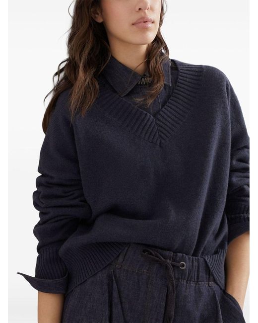 Brunello Cucinelli Blue V-Neck Long-Sleeved Sweater
