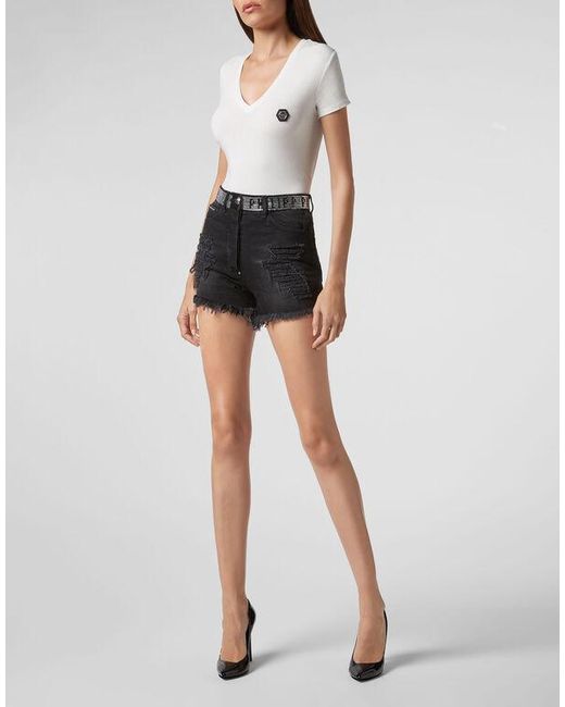 Philipp Plein Black And Logo Details Denim Shorts