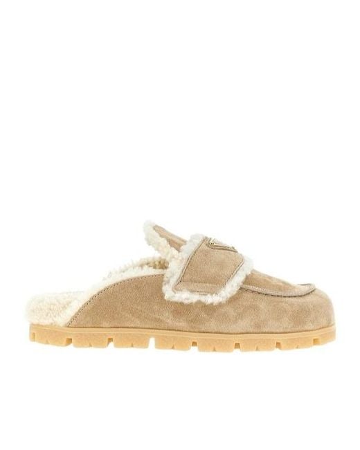Prada Natural Suede And Shearling Mules