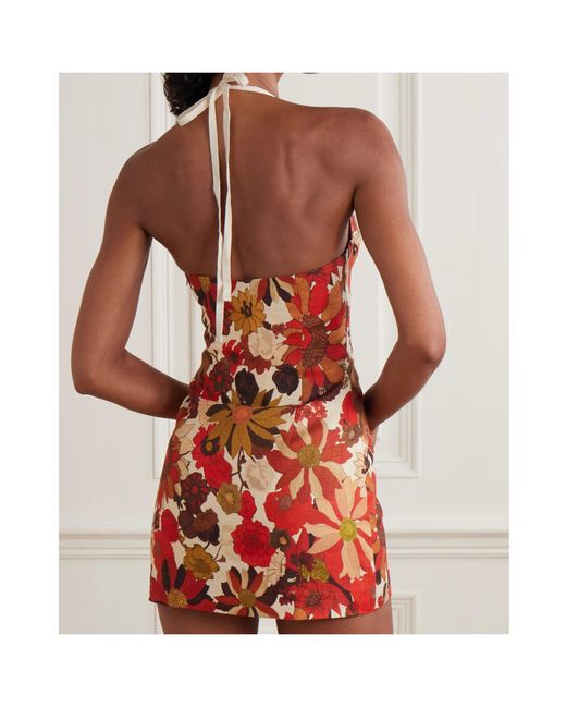 Sir Red Castella Floral-Print Linen Halterneck Mini Dress