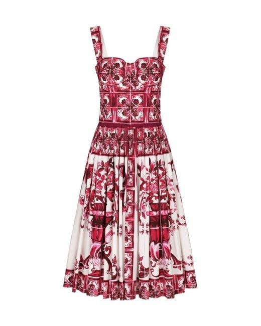 Dolce & Gabbana Red Majolica-Print Poplin Midi Dress