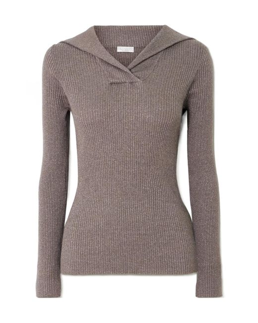 Brunello Cucinelli Brown Ribbed Metallic Cashmere And Silk-Blend Top