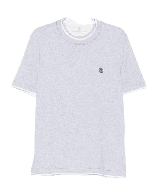 Brunello Cucinelli White Logo-Embroidered Crew-Neck T-Shirt for men