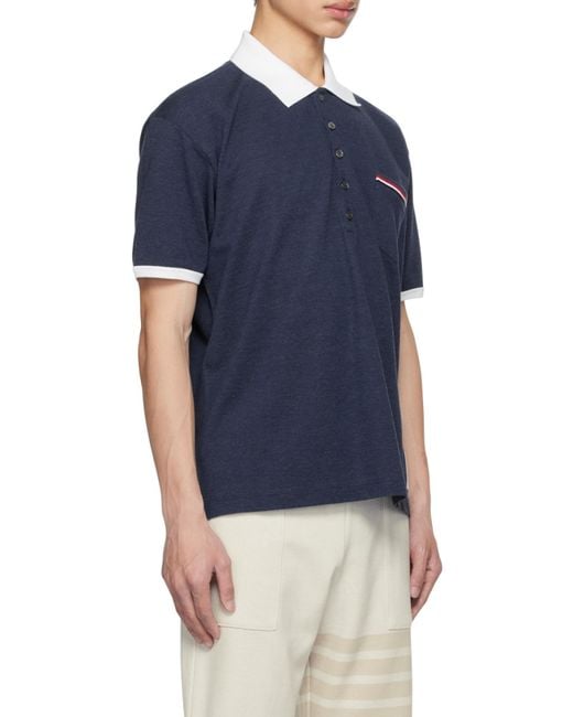 Thom Browne Blue Logo Patch Stripe-Detailed Polo Shirt for men