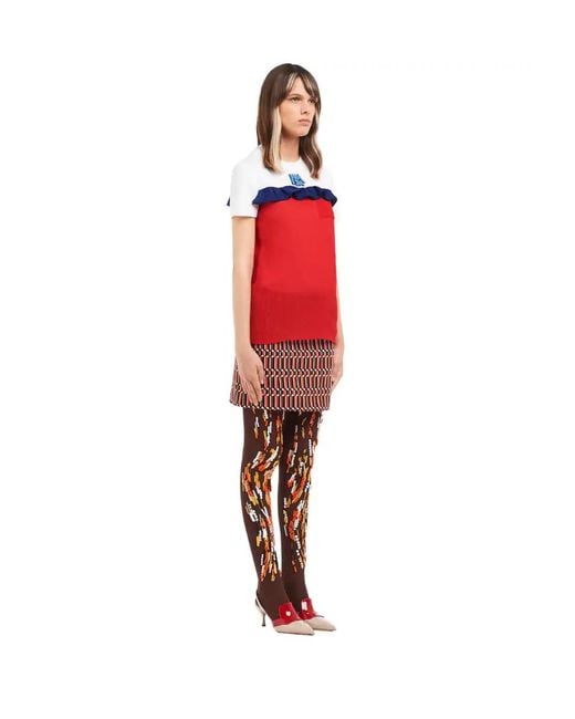 Prada Red Color Matching Design Lotus Leaf Edge T-Shirt