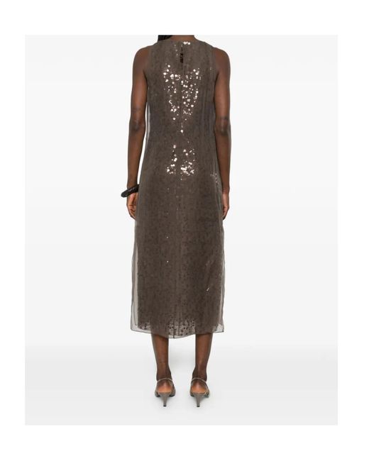 Brunello Cucinelli Brown Sequin-Embellished Sleeveless Midi Dress
