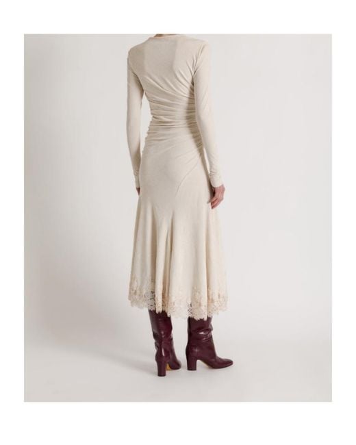 Alberta Ferretti Natural Gathered Midi Dress With Lace Trim